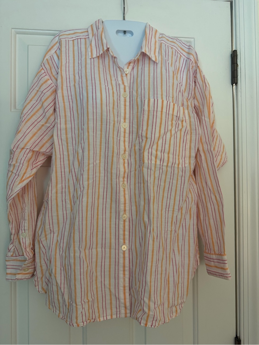 LOFT 100% Cotton Striped Button Down Shirt Medium Pink Orange White
